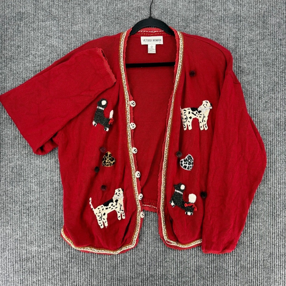 Vintage 80s Victoria Woman Dalmatian dog cardigan sweater 2X granny cottagecore